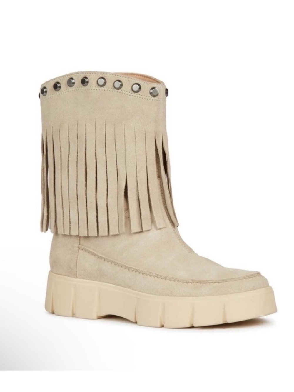 New! GEOX Ghoula Taupe Suede Fringe Studded Platform Ankle Boots